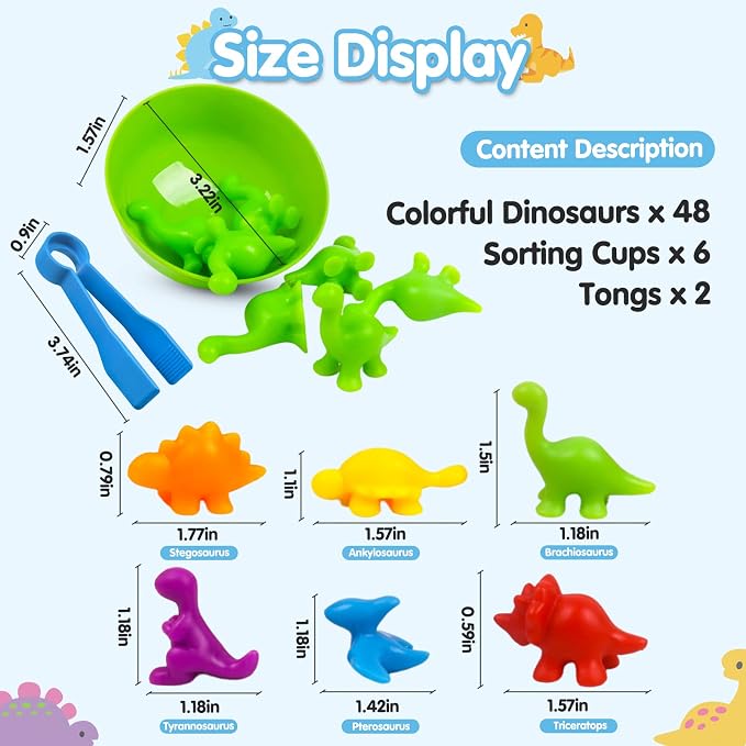 GKDOMS Counting Dinosaurs Toys Matching Game with Sorting Bowls Preschool Learning Activities Montessori Sensory Toys for Math Color Sorting, Party Favors Birthday Gift for Toddlers - Image 3