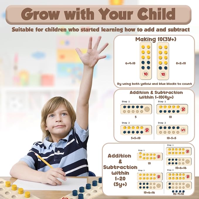 TEUVO Counting Peg Board Montessori Toys for Kids Aged 3 4 5 6 Years Old, Montessori Math Manipulatives Materials Wooden Preschool Learning Number and Counting Games for Home School Classroom Teaching - Image 7