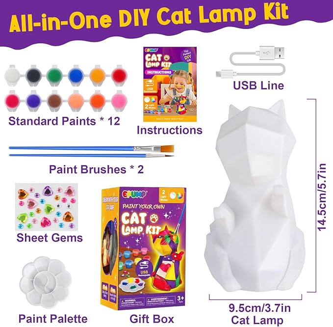 EPUMP Paint Your Own Cat Lamp Kit - Rechargeable 1200mAh Cat Night Light with 2 Light Modes, Arts and Crafts Painting Toys for Girls Boys, Art Supplies Birthday & Christmas Gifts for Kids Ages 3-12+
