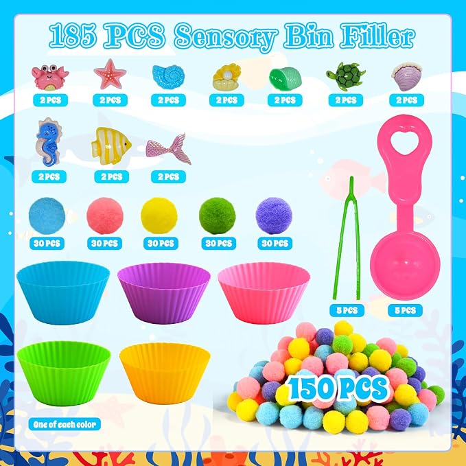 185pcs Summer Ocean Animal Sensory Bin Filler Fine Motor Toys Ocean Animals Sensory Bin Items Resin Crab, Starfish, Sea Snail, Pearl Shell Pom Poms for Preschool Education Counting Sorting - Image 2
