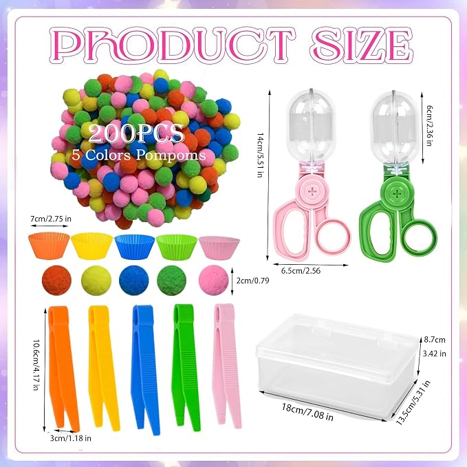 218Pcs Montessori Fine Motor Toys for Toddlers, Pom Poms Sorting Set with Tweezers, Clips, Cups & Storage Box, Sensory Bin for Preschool Learning, Counting, Color Matching - Image 4