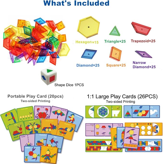 140PCS Translucent Pattern Blocks Set with Activity Game Cards, Geometric Shapes, Light Table Accessories, Math Manipulatives STEM Educational Toy for Kids - Image 8