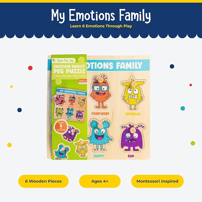 Open The Joy My Emotions Family Peg Puzzle – Emotional Recognition & Social Skills Puzzle for Kids | Montessori-Style Wooden Puzzle with 6 Emotion Pieces | Ages 4+ - Image 7