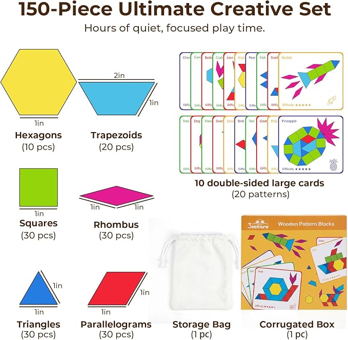 3 Otters 150Pcs Wooden Pattern Blocks Set, Geometric Tangram Shapes - Image 2