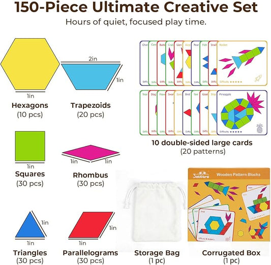 3 Otters 150Pcs Wooden Pattern Blocks Set, Geometric Tangram Shapes - Image 2