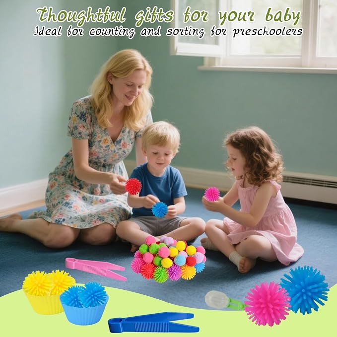188 Pcs Fine Motor Skills Counting Sorting Sensory Toy Set 72 Hedge Ball 5 Tweezer 3 Scissor Clip 18 Sorting Cup 60 Pom Pom 30 Number Ornament for Education Preschool Training - Image 6
