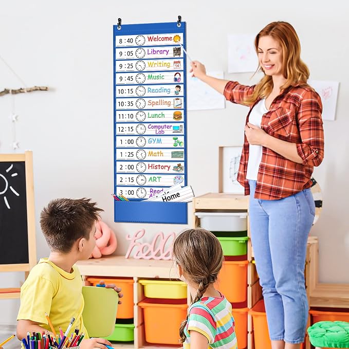 AKAYOK -13+1 Pocket Daily Schedule Pocket Chart, Ultra-Durable Visual Schedule for Kids -Pocket Chart for Classroom Office Home -Reusable Daily Schedule for Kids -Reversible Chart for Sentence Strips - Image 6