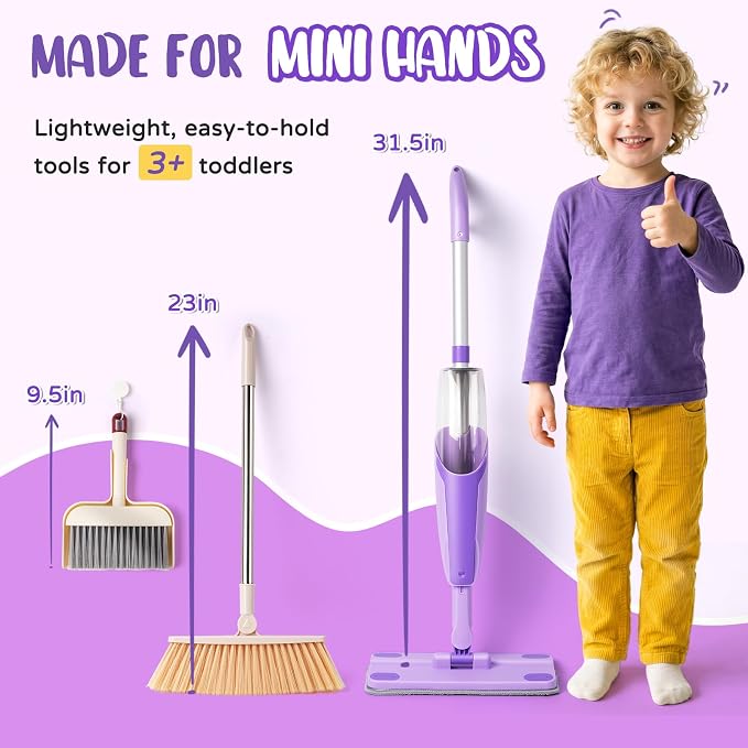Kids Cleaning Toy Set,Purple Mini Spray Mop Montessori Toys Pretend Play Cleaning Tool for Toddlers with Spray Mop & Kids Broom Dustpan Set Cleaning Toys Gift for Toddlers Girls Boys Age 3+ - Image 3