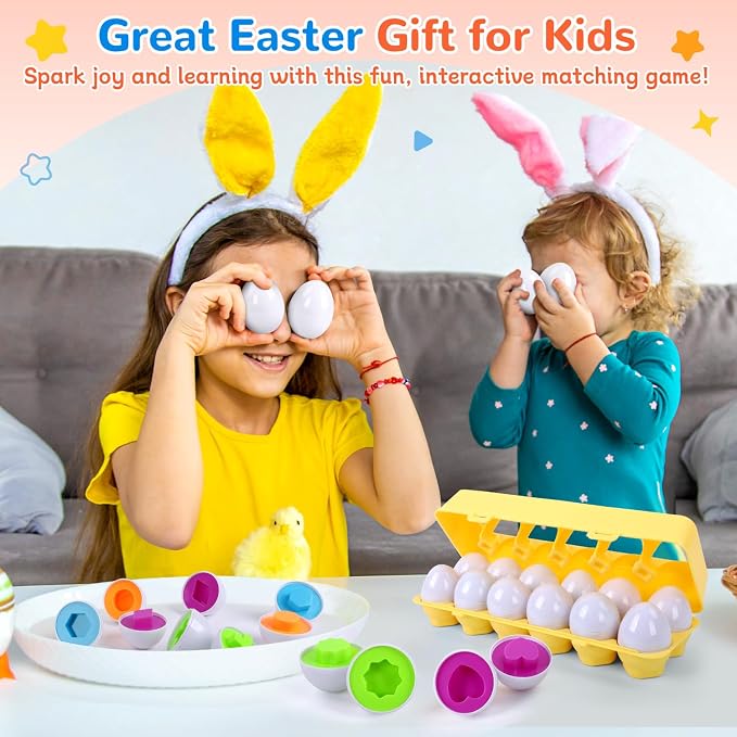 USATDD Matching Eggs for Toddlers Montessori Geometric Eggs Color & Shape Recognition Toy, Fine Motor Skills Shape Sorter Puzzle, Easter Eggs Toys Gifts for Kids, Easter Basket Stuffers - Image 6