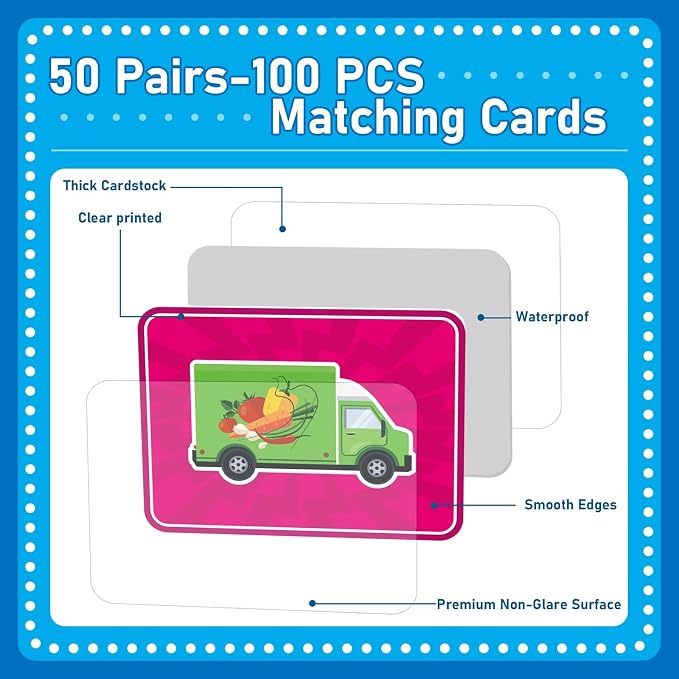 gisgfim 100 PCS Memory Matching Game Trucks Concentration Memory Card Games for Kids Preschool Educational Ages 3-8 A Fun & Fast Vehicle Theme Matching Games - Image 3