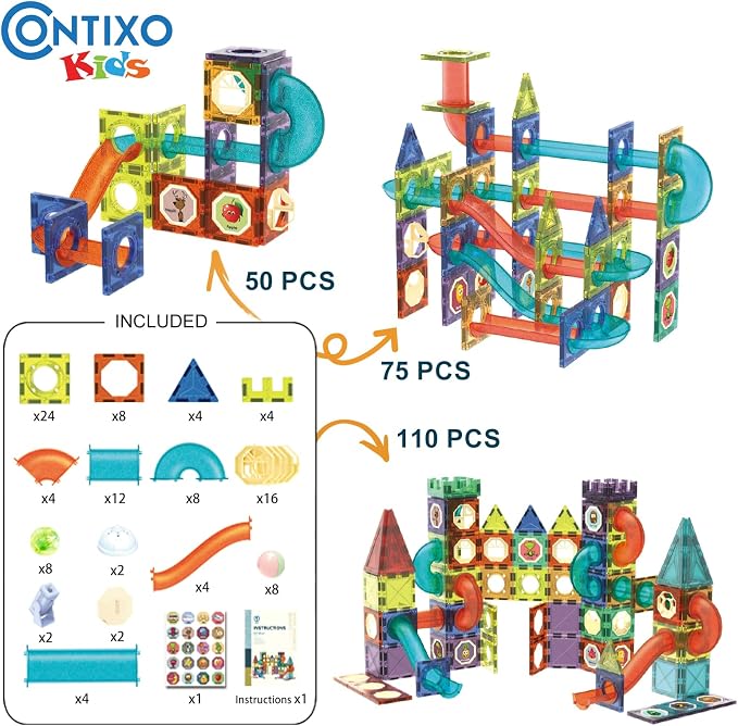 Contixo STEM Building Toys - 110 pcs Marble 3D Magnetic Run Tiles Learning Stacking Educational Building Blocks Set, Creativity Beyond Imagination, Inspirational, Recreational Toy for Kids - Image 4