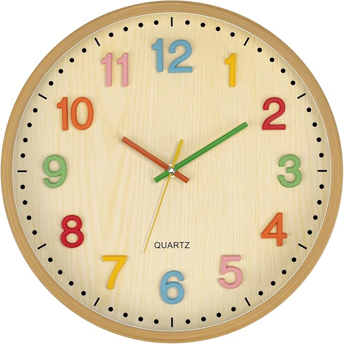Foxtop 14 Inch Kids Wall Clock Silent Non-Ticking Battery Operated Colorful Childrens Wall Clock for Classroom Playroom Nursery Bedrooms Kids Room School (3D Numerals) by Foxtop