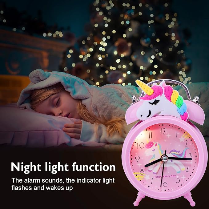 TCJJ Unicorn Alarm Clock for Girls Kids, Cute Bedroom Decoration, Non Ticking Silent Second Hand, w/Backlight Super Loud Twin Bell, for Kids Unicorn Gifts (Pink) - Image 3