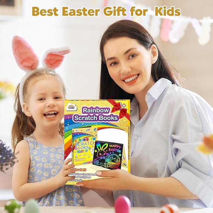 ZMLM Rainbow Scratch Easter Gifts: 2 Pack Rainbow Scratch Notebooks Easter Basket Stuffers Art Crafts for Kids Girls Boys 3 4 5 6 7 8 9 10 11 12 Years Old Birthday Toys Art Supplies Paper