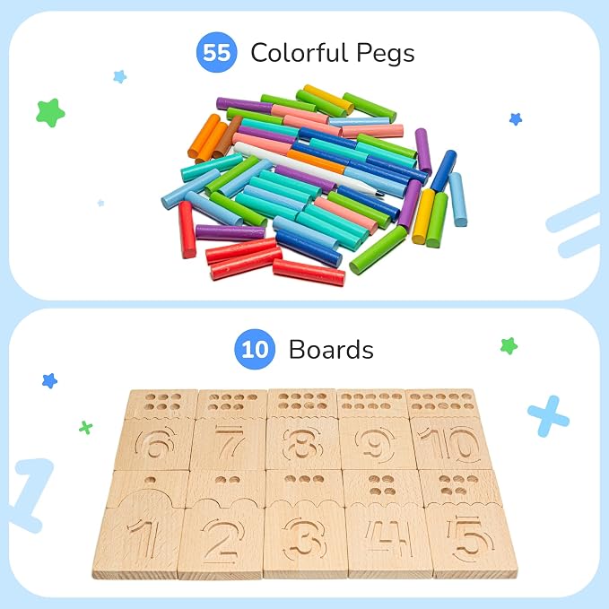 Bimi Boo Peg Board for Toddlers - Wooden Counting Peg Board and Number Tracing Set, Montessori Math Toy for Preschoolers and Kindergarten (55 Pegs, 10 Boards, 1 Pencil) - Image 2