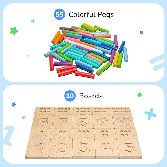 Bimi Boo Peg Board for Toddlers - Wooden Counting Peg Board and Number Tracing Set, Montessori Math Toy for Preschoolers and Kindergarten (55 Pegs, 10 Boards, 1 Pencil) - Image 2