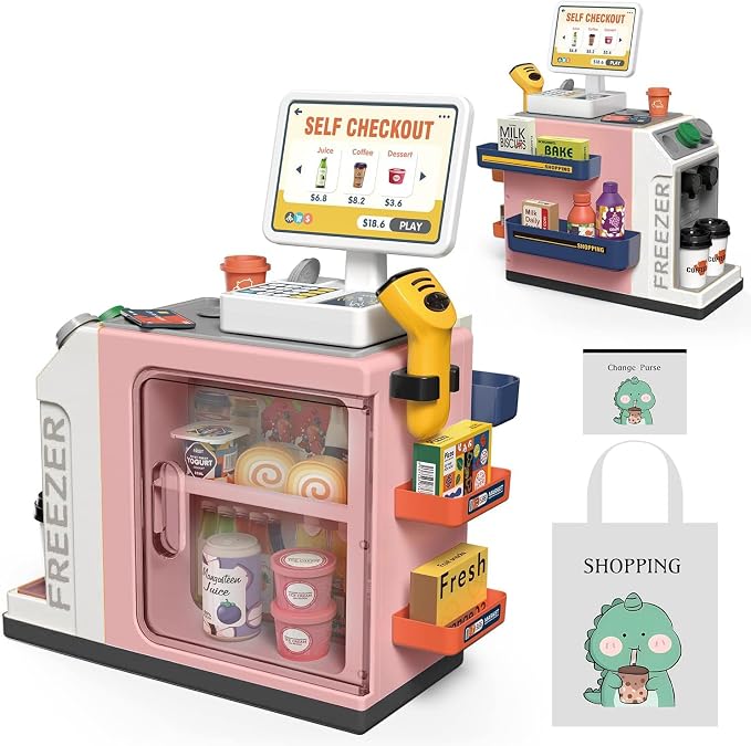 Kids Cash Register Playset,Coffee Machine & Calculator, Scanner,Ages 3+ by POFJOEQ