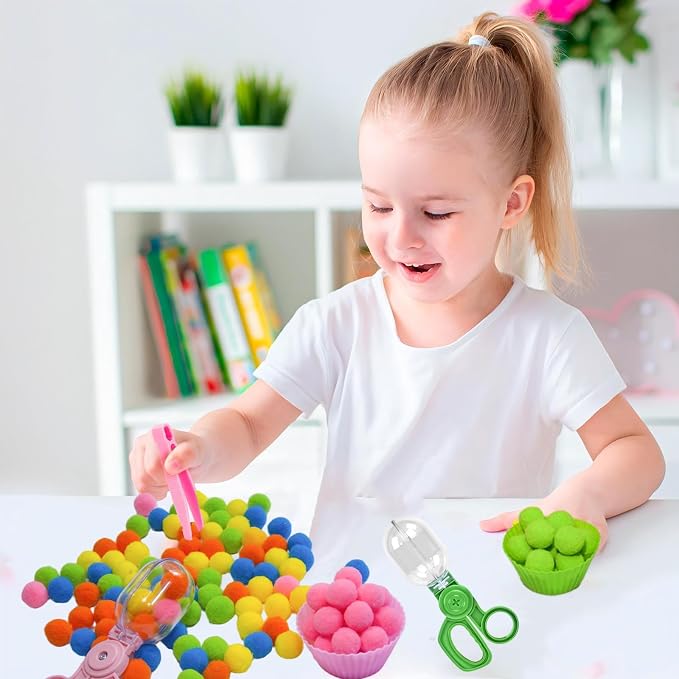 218Pcs Montessori Fine Motor Toys for Toddlers, Pom Poms Sorting Set with Tweezers, Clips, Cups & Storage Box, Sensory Bin for Preschool Learning, Counting, Color Matching - Image 2