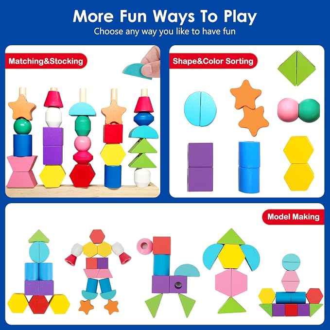 Montessori Wooden Beads Sequencing Toy Set, Sorting Stacking Blocks & Lacing Beads & Shape Matching Stacker for 2 3 4 5 Years Kids Preschool Learning Fine Motor Skills Toys Gifts for Toddler Boy Girl - Image 3