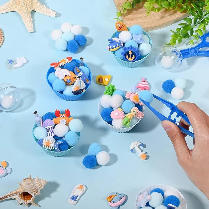 Sanixin 168 Pcs Ocean Sensory Bin Fillers Sea Animal Fine Motor Skills Summer Sensory Bin Item Pompoms Cups Tweezers Scissor Clips for Preschool Education Activities Sorting Counting (Sea) - Image 7