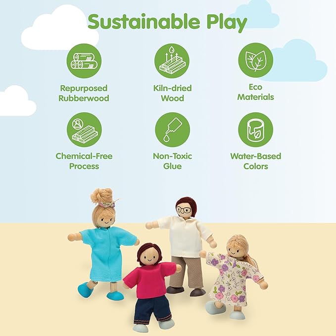 PlanToys® Wooden Dollhouse Family Set– Light Skin & Brown Hair| 4 Poseable 1:12 Scale Doll House People | Montessori Pretend Play Figurines | Eco-Friendly Sustainable Wooden Toy for Kids