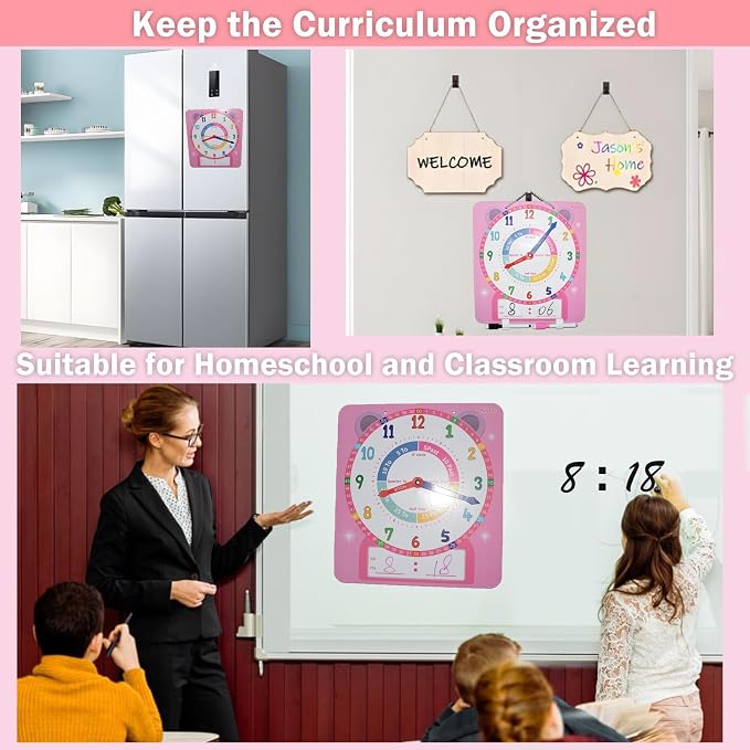 Teaching Clocks for Kids, Large Magnetic Writable Dry Erase Learning Clock with Pen,12" Teaching Demonstration Clock Learning Time to Tell Time for Kids Home School Classroom Supplies-Pink - Image 9