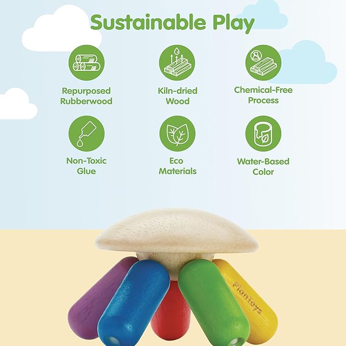 PlanToys® Flexi Jellyfish Wooden Sensory Toy for Tactile Exploration & Coordination | Montessori Grasping Activity for Focus, Movement & Fine-Motor Skills | Eco-Friendly Educational Toy