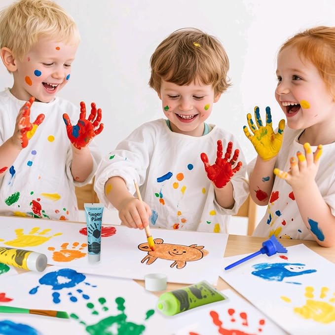 Kids Washable Finger Paint Set, 34 PCS, 12 Colors Non-Toxic Finger Paint Set with Paint Brushes, Sponge, Palette, Smock, Safe Art Supplies for Toddlers Age 3 4 5 6+, Gifts for Boys Girls