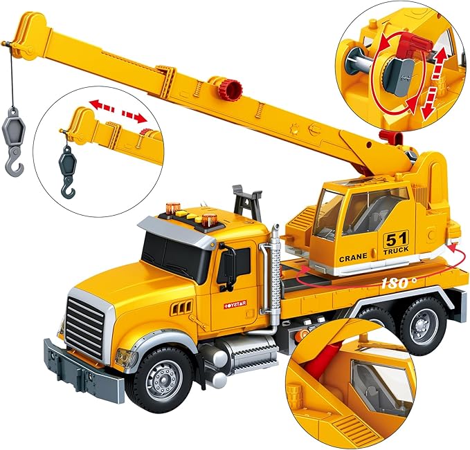 15 Inch Friction Powered Crane Truck Toy with Lights, Sounds & Movable Arms - Construction Vehicle Gift for Kids Boys Girls Ages 3-7