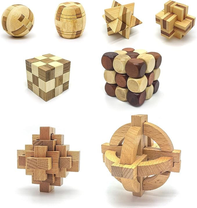 PicassoTiles 8 Styles Interlocking Sensory Toys Wooden Burr Cube, Ball and Barrels Logic Skill Genius Puzzle Brain Teaser Games & Intellectual 3D Assembling Educational Toy Set for Kids & Adults PTP08 by PicassoTiles