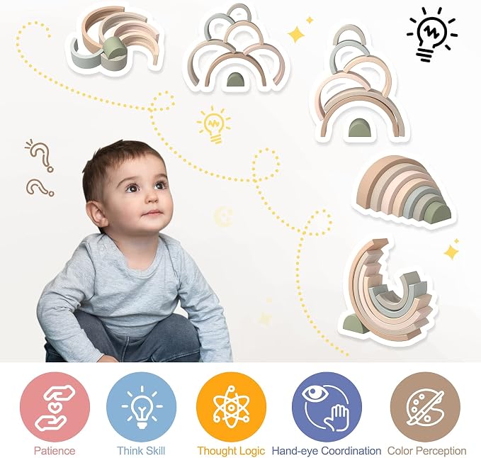 MCGMITT Rainbow Stacking Toy, Silicone Rainbow Stacker for Toddlers, Montessori Nesting Blocks, Building Creative Color Shape Matching Toy Set, 7 Layers (Brown) - Image 4