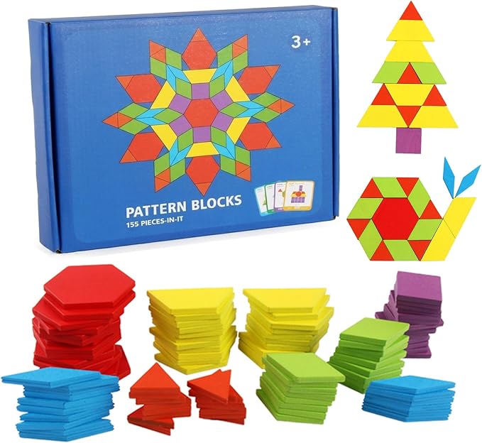 155 Pcs Wooden Pattern Blocks Set - Geometric Shape Puzzle for Kindergarten - Classic Educational Montessori Tangram Toys with 24 Design Cards for Kids Ages 3-8 by Unknown
