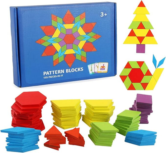 155 Pcs Wooden Pattern Blocks Set - Geometric Shape Puzzle for Kindergarten - Classic Educational Montessori Tangram Toys with 24 Design Cards for Kids Ages 3-8 by Unknown