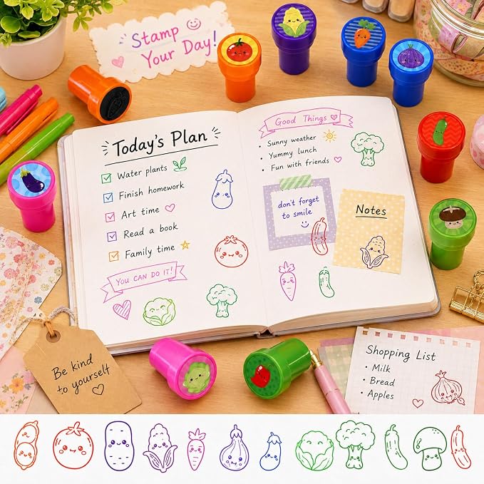 Cinrobiye 24 Pcs Vegetable Stampers Party Favor Set, Cute Veggie Stamps for Kids Birthday Party, Classroom Rewards, Educational Learning Toys, Goody Bag Fillers, Healthy Food Party Supplies - Image 4