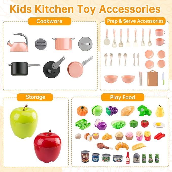 100Pcs Kitchen Playset, Kids Pretend Cooking Play Pots, Pans, Utensils, Cookware, Toy Food Fruits Veggies, with 2 Large Apple - Shaped Storage, Toddler Cooking Learning Gift(Pink) - Image 3