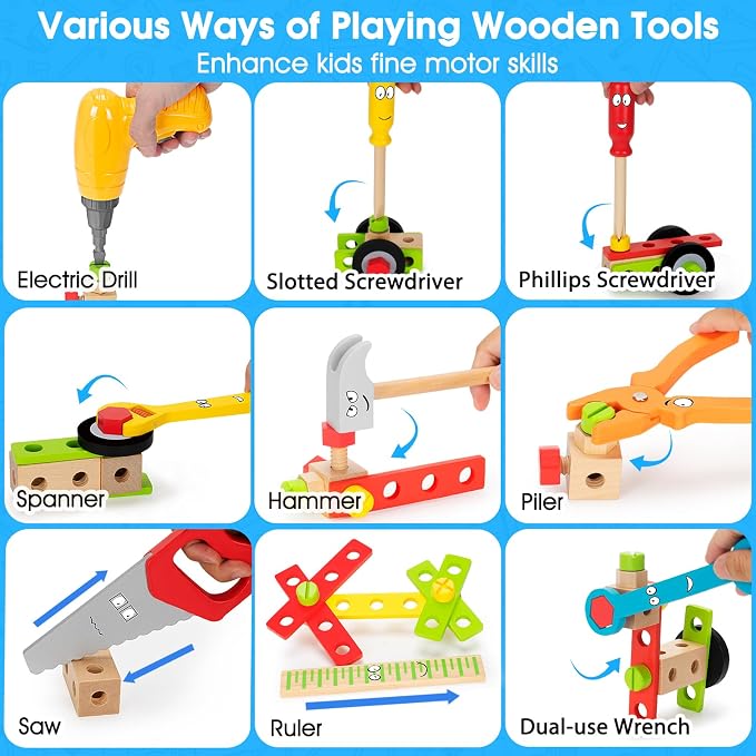 Kids Tool Set Toy with Drill, Stem Montessori Toys for 3 4 5 Years Old Boy Girl, 44 Pcs Wooden Toddler Tool Kits Inc Box, Learning Educational Construction Toy (Pack of 3) - Image 3
