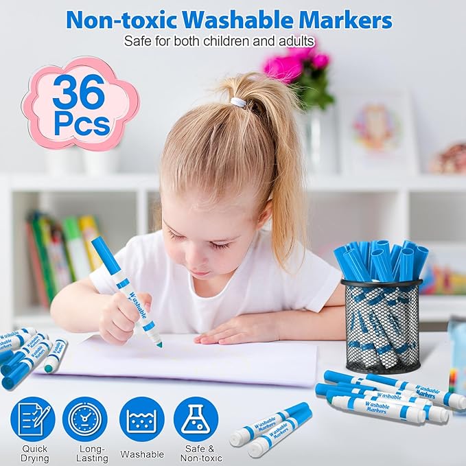 Janlaugh 36 Pcs Light Blue Washable Markers Bulk Coloring Broad Line Marker for Kid Light Blue Conical Tip Drawing Pen for Christmas School Travel Art Baby Shower Gender Reveal Party Supplies, Ages 6+