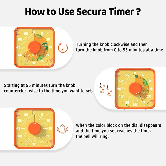 Secura 7.5-Inch Animal Pattern Visual Timer for Kids, 60-Minute Countdown Timer for Classroom or Kitchen, Durable Mechanical Timer Clock with Magnetic Backing (Orange) - Image 3
