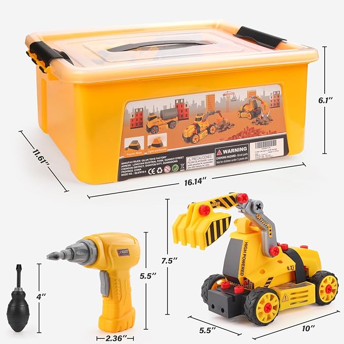 Construction Toys for 3 4 5 6 7 8 Year Old Boys 9 in 3 Take Apart Toys with Electric Drill Take Apart Truck Set DIY Engineering Building Toy Push & Go STEM Toy Gift for Boys Toys Age 6-8