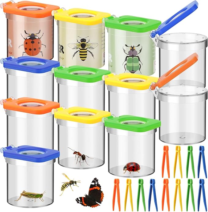 Halloscume 12 Pack Insect Bug Viewer for Kids with Tweezers Magnifying Insect Box Insect Observation Kit Bug Catcher Bug Container Insect Cage Bug Jar for Science Nature Exploration Collecting Kit by Halloscume