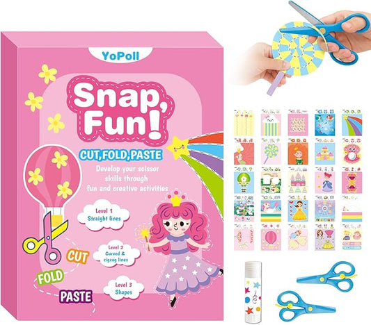 YoPoll Scissor Skills Activity Book for Kids, Toddler Arts and Crafts Kit with 2 Safety Scissors, Preschool Learning Toy for Fine Motor Skills and Creative Cutting Practice, Fun Gift for Boys & Girls