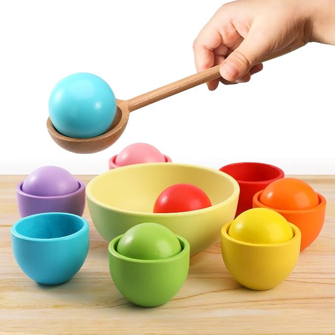 Montessori Larger Ball in Cup Color Sorting Toy for Toddlers Wooden Rainbow Ball Color Matching Toy - 7, 46mm - Image 5