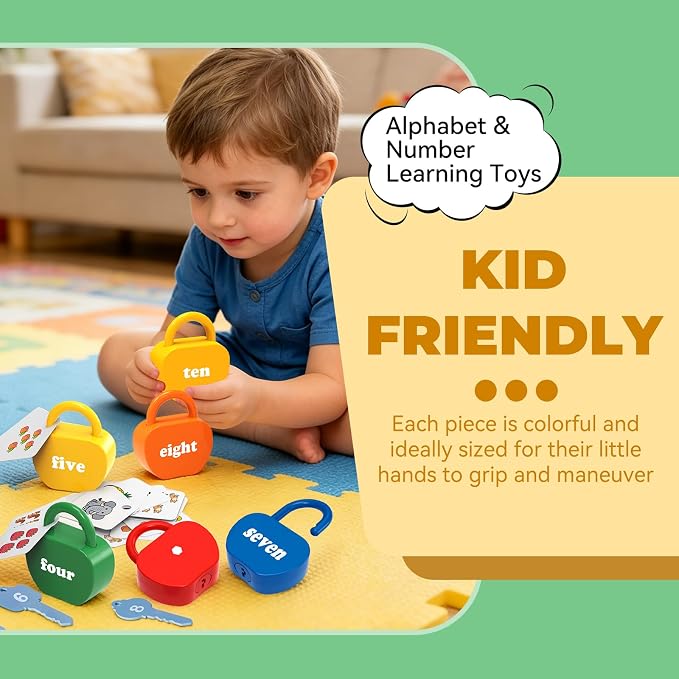GEERAY Cause and Effect Toys for Toddlers 3 4 5, Montessori Lock & Key Set with 5 Apple-Shaped Locks, Keys & 10 Cards – Numbers Matching & Counting, Preschool Learning Games Gifts - Image 3