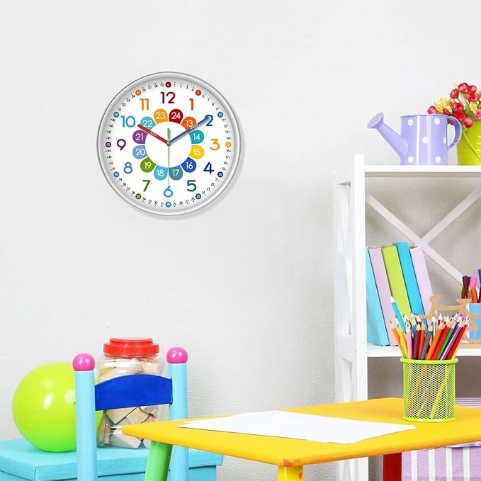 XFM Colorful Kids Wall Clock for Classroom 14 Inch Silent Non-Ticking - Image 2