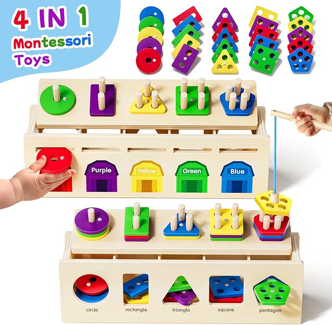 Montessori 4 in 1 Wooden Sorting Shape Sorter and Stacking Toy Box Color Matching Counting Fishing Game Preschool Educational Toys for 3 Years Boys and Girls Gifts - Image 3