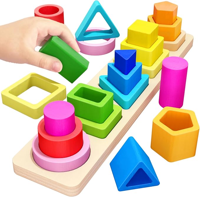 Montessori Toys for 1 2 3 Year Old Boys Girls Toddlers, Peg-Free Wooden Toy by PEBIRA