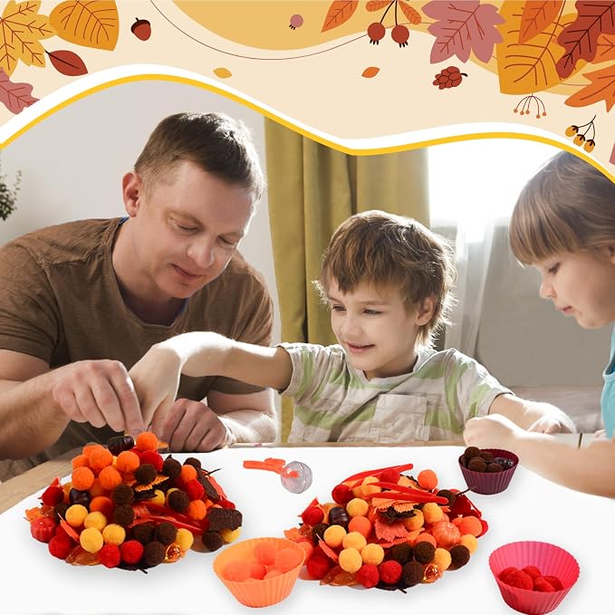 212Pcs Fall Sensory Bin Filler Fine Motor Toys Thanksgiving Sensory Bin Items Counting Sorting Toy 100 Pompoms 60 Felt Leaves 16 Acorns 16 Corns 6 Foam Pumkins for Preschool Education Activities - Image 6