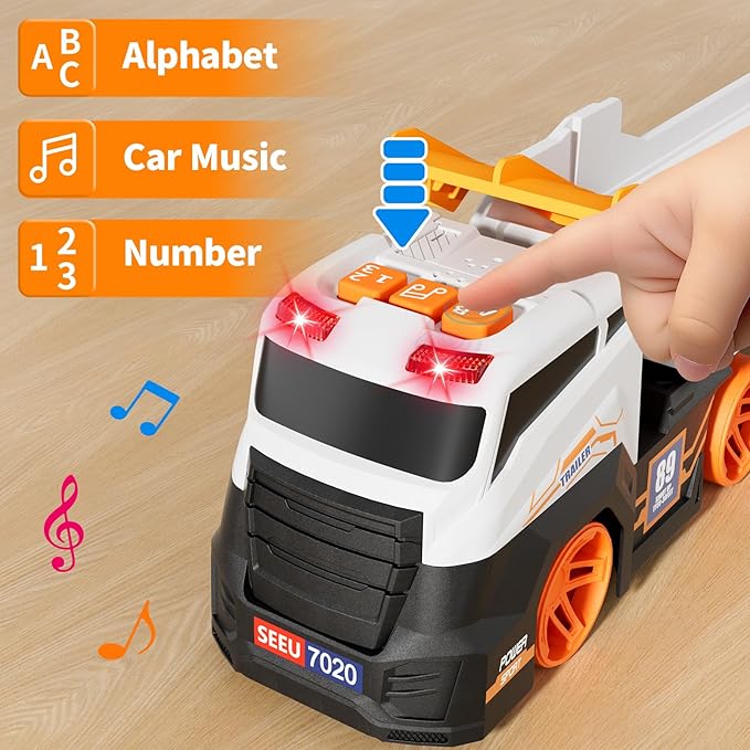 Truck Toys for Kids, EVA Ball Launcher Car Toys for Boys 3-5, Foldable Toy Truck with Light & Sound, Shooting Transport Toy Car Playset, Christmas Birthday Gifts for Kid Boys Age 3 4 5 6 Years Old