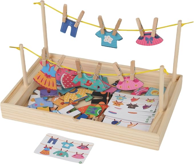 Montessori Practical Life Clothes Hanging Job, Laundry Activity Set with Rope Strings, Clothespins & Dress-Up Air Drying Game Airing Clothes for Toddlers Kids Ages 2-6, Classroom Educational Toy Gift - Image 4
