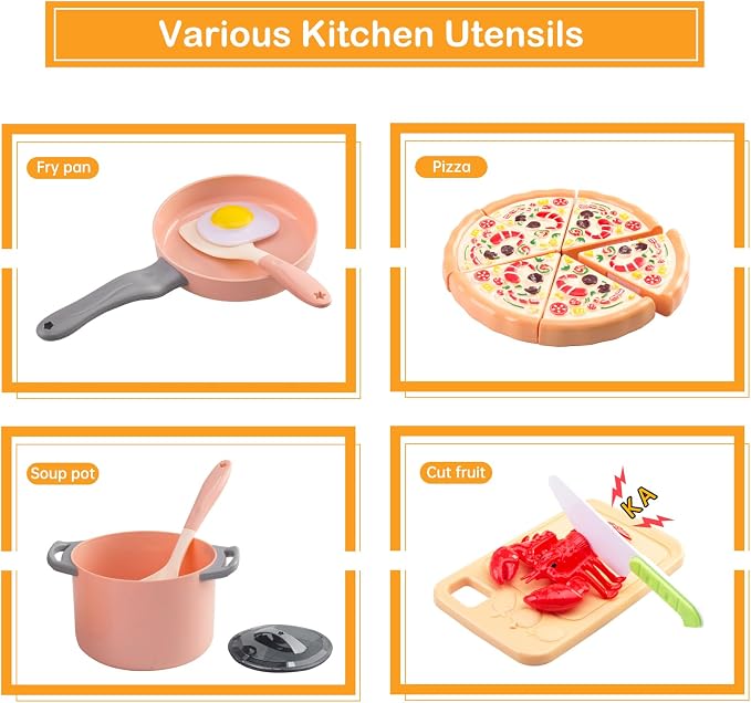 80pcs Pretend Play Kitchen Set for Toddlers, Kids Cookware Playset with Pots/Pans/Food/Fruits/Vegetables/Picnic Blanket/Storage Basket, Pink Educational Learning Toy Gift for Boys & Girls - Image 5